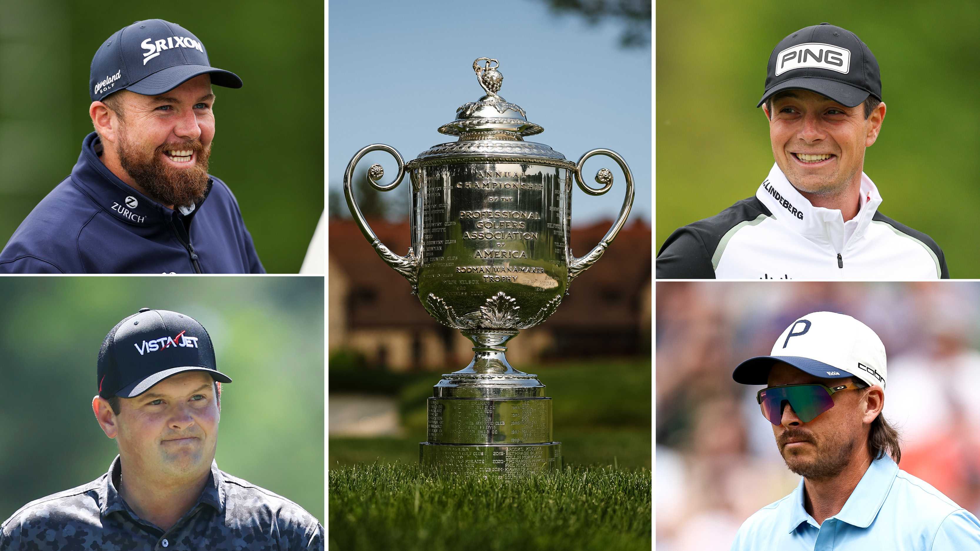 Shane Lowry (top left), Patrick Reed (bottom left), Viktor Hovland (top right) and Rickie Fowler (bottom right) with the Wanamaker Trophy in the middle