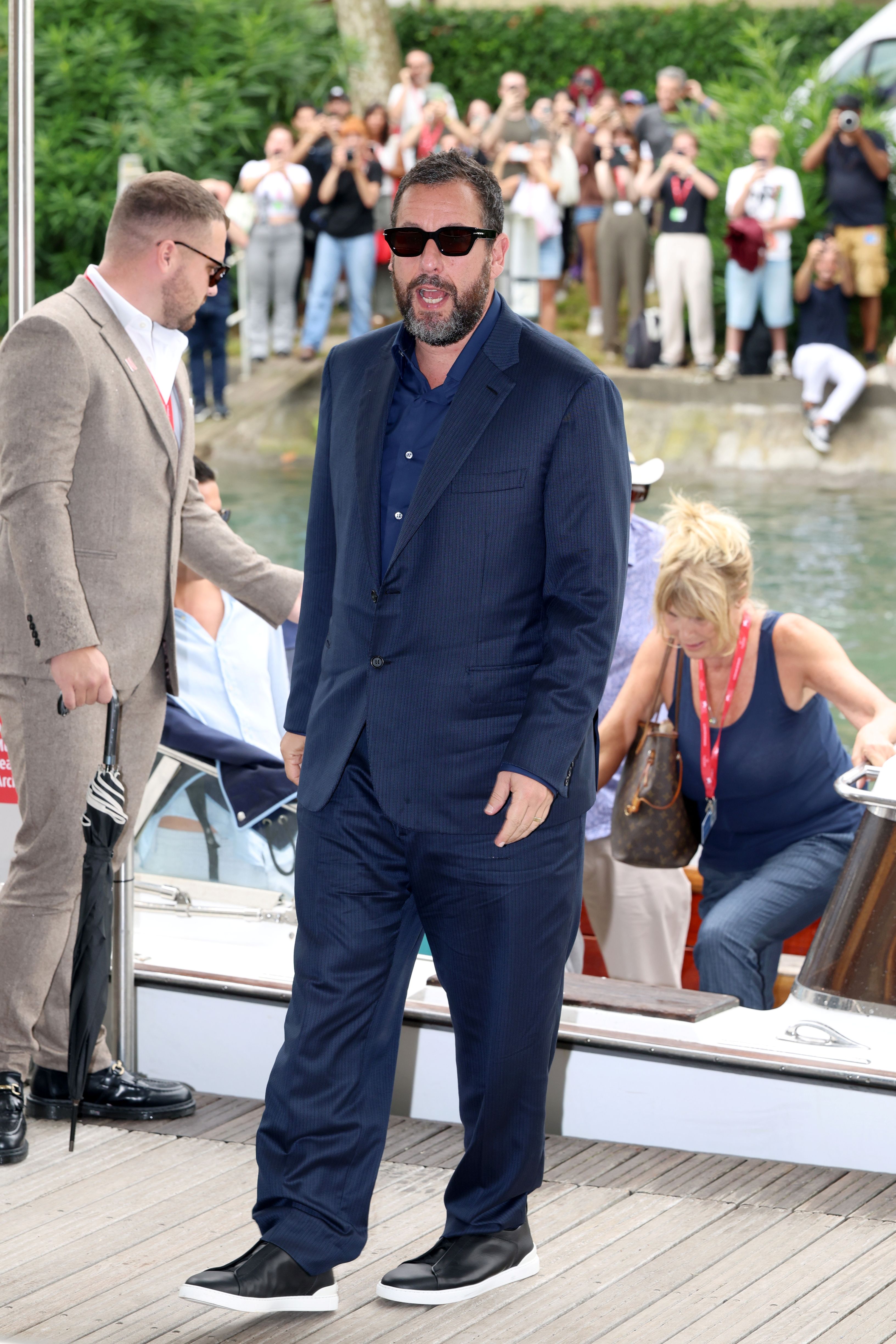 VENICE, ITALY - AUGUST 28: Adam Sandler arrives at Palazzo del Casinò for the “Jay Kelly” photocall during the 82nd Venice International Film Festival on August 28, 2025 in Venice, Italy.