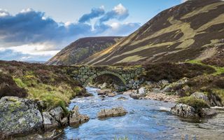 <p>View of stone bridge over river in glen, in evening sunlight, Clunie Water, near Braemar, Cairngorms N.P., Aberdeenshire, Highlands, Scotland, May</p>