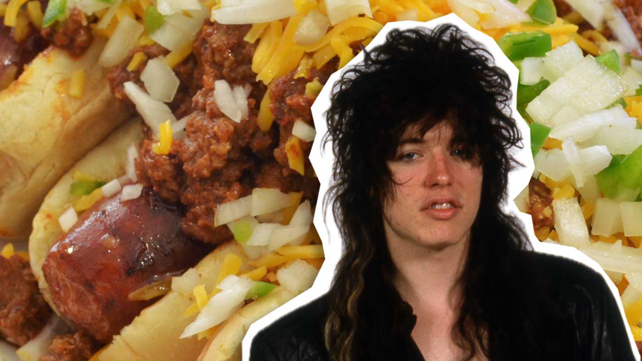 Tom Keifer set against a chili dog background