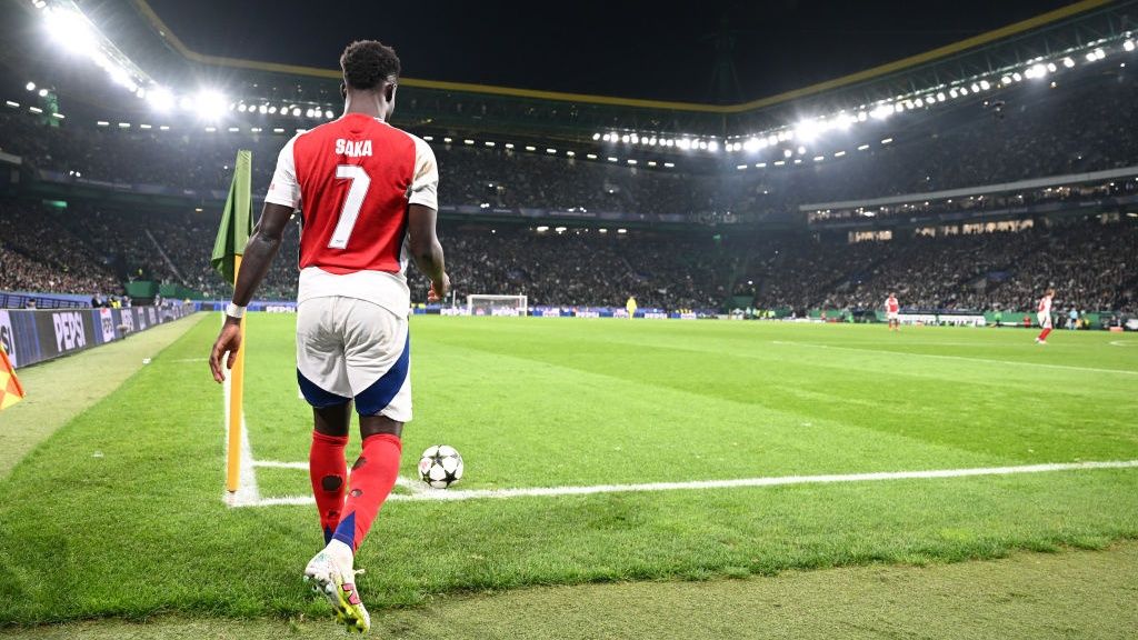 Bukayo Saka of Arsenal during the UEFA Champions League 2024/25 League Phase MD5 match between Sporting Clube de Portugal and Arsenal FC at Estadio Jose Alvalade on November 26, 2024 in Lisbon, Portugal.