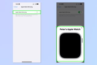Screenshots showing the steps required to enable Apple Watch Mirroring on iPhone