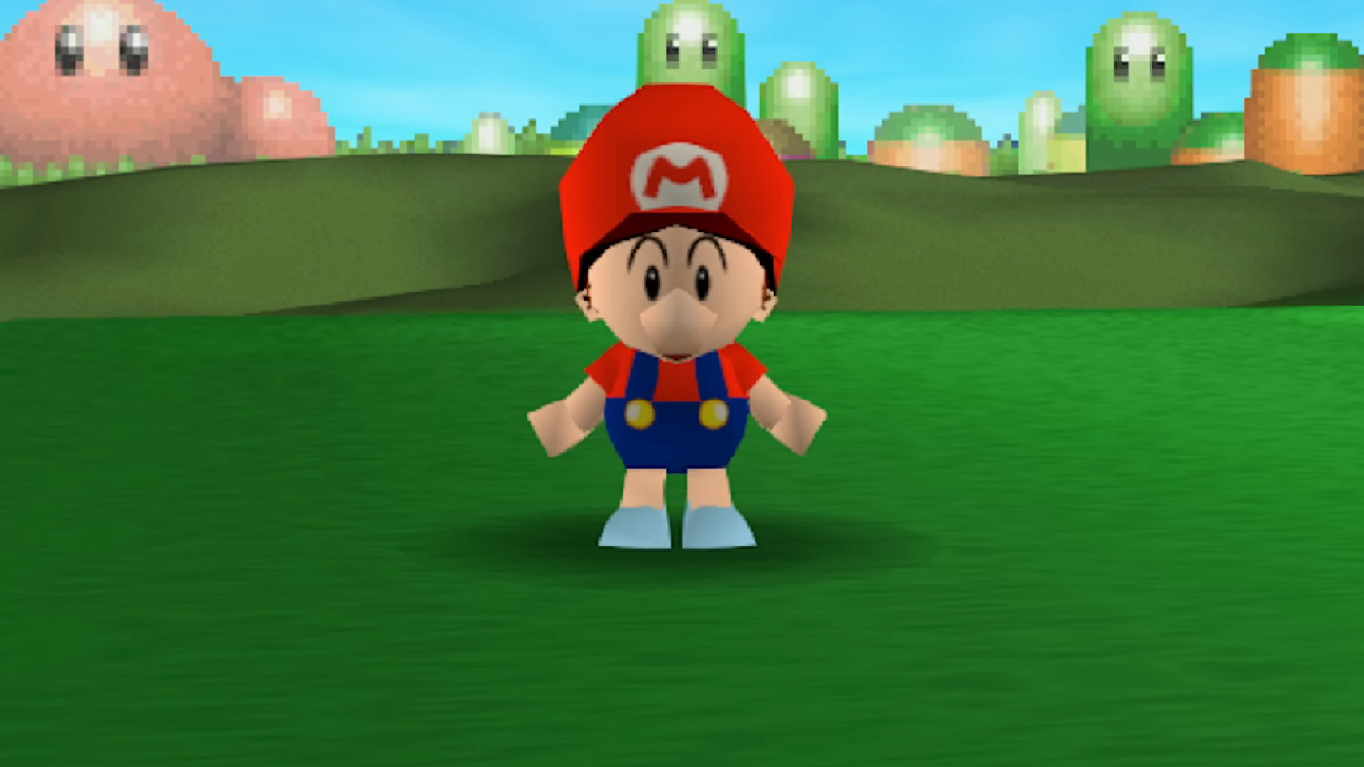 Baby Mario stands on the green in Mario Golf for the Nintendo 64