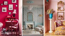 Hot pink living room on left woth black and white gallery wall, aquamarine living room in middle with flamingo wallpaper and wall panelling, and plaster pink room on right with yellow accents
