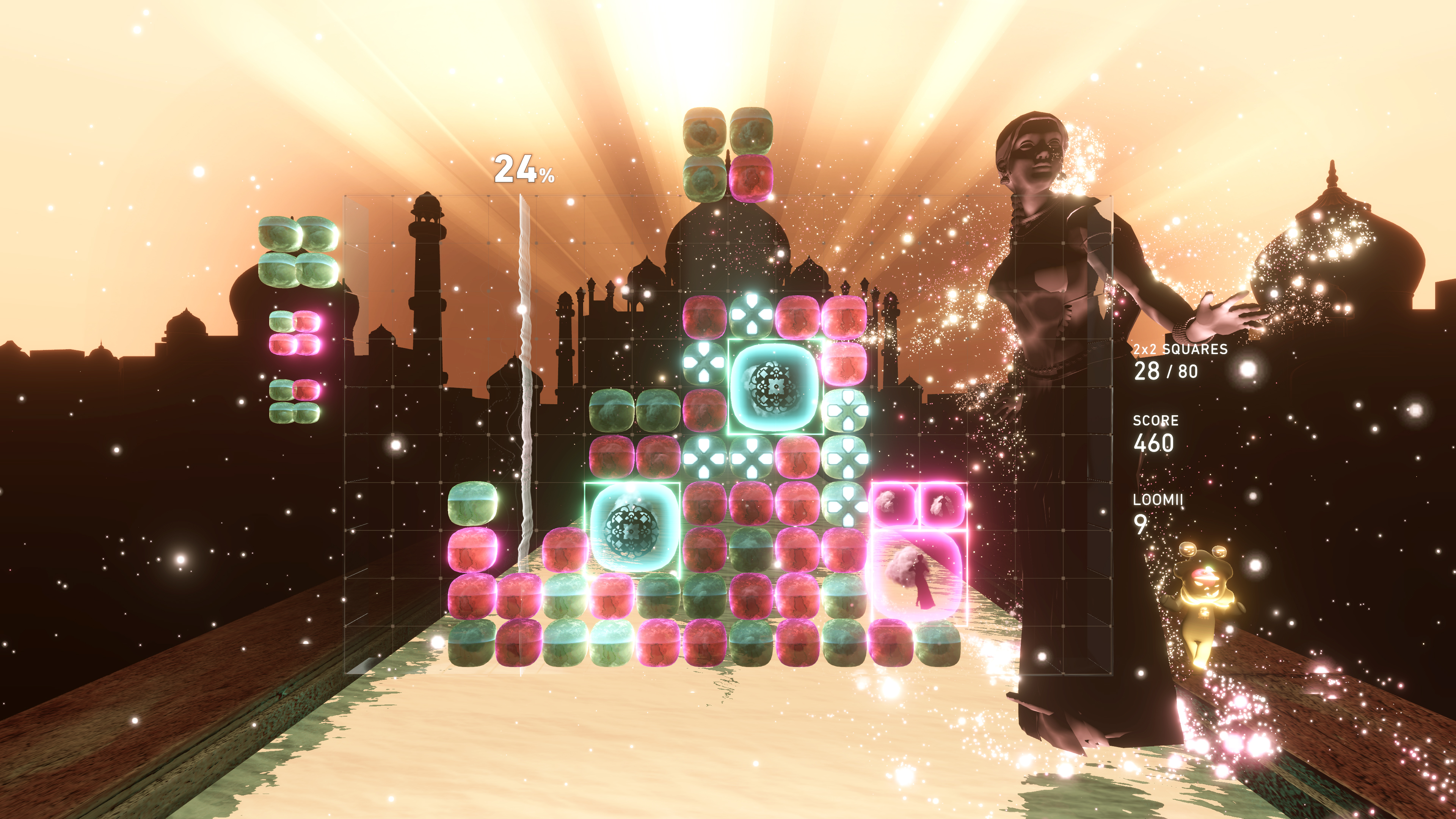 Lumines Arise; colourful blocks in a puzzle game