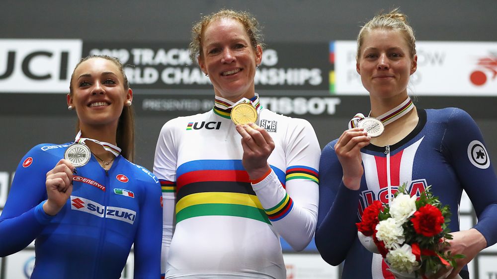 Letizia Paternoster of Italy (Silver medal) Kirsten Wild of Netherlands (gold) and Jennifer Valente of USA (bronze) pose on the podium for the Women's Omnium final