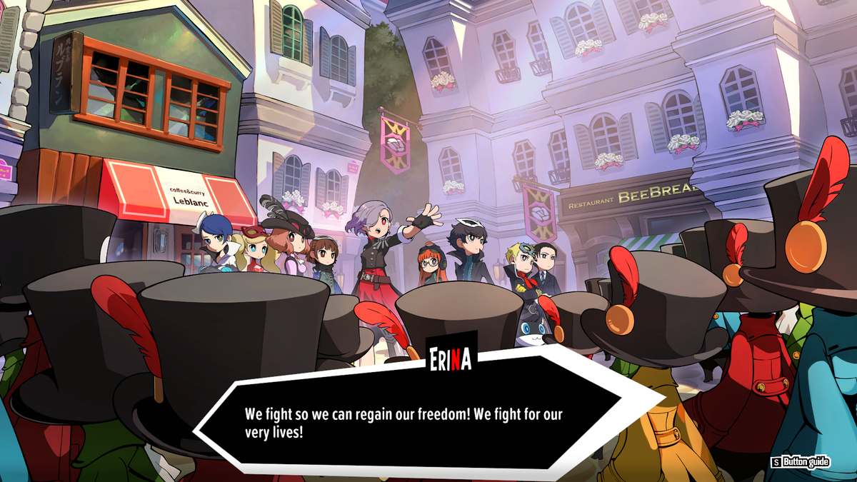 The main characters of Persona 5 Tactica addressing a crowd.