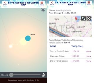 The Eclipse Safari app's interactive map allows you to determine the precise times of the partial or total eclipse. The "first contact" of the partial eclipse visible in Chicago will occur at 11:54:18 a.m. local time, with the moon first touching the sun at the upper right, as shown in the app's sky simulation tool. A filtered telescope may invert or flip the view.