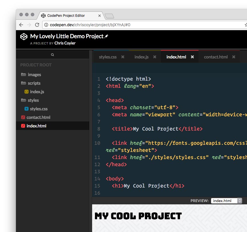 Screenshot shows CodePen Projects in action