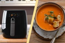 A collage of an air fryer and a bowl of soup
