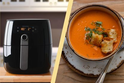 A collage of an air fryer and a bowl of soup