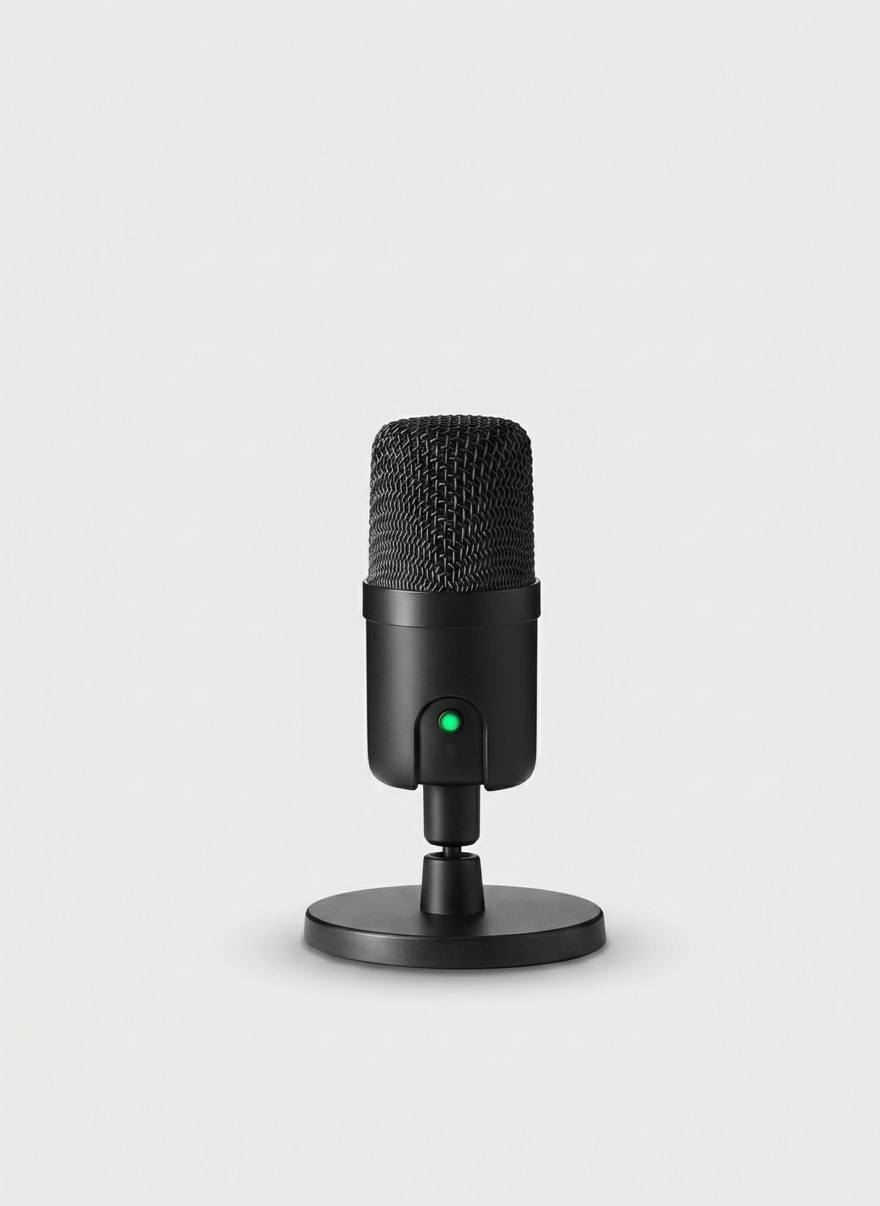 An Amazon Basics USB Condenser microphone on a grey background