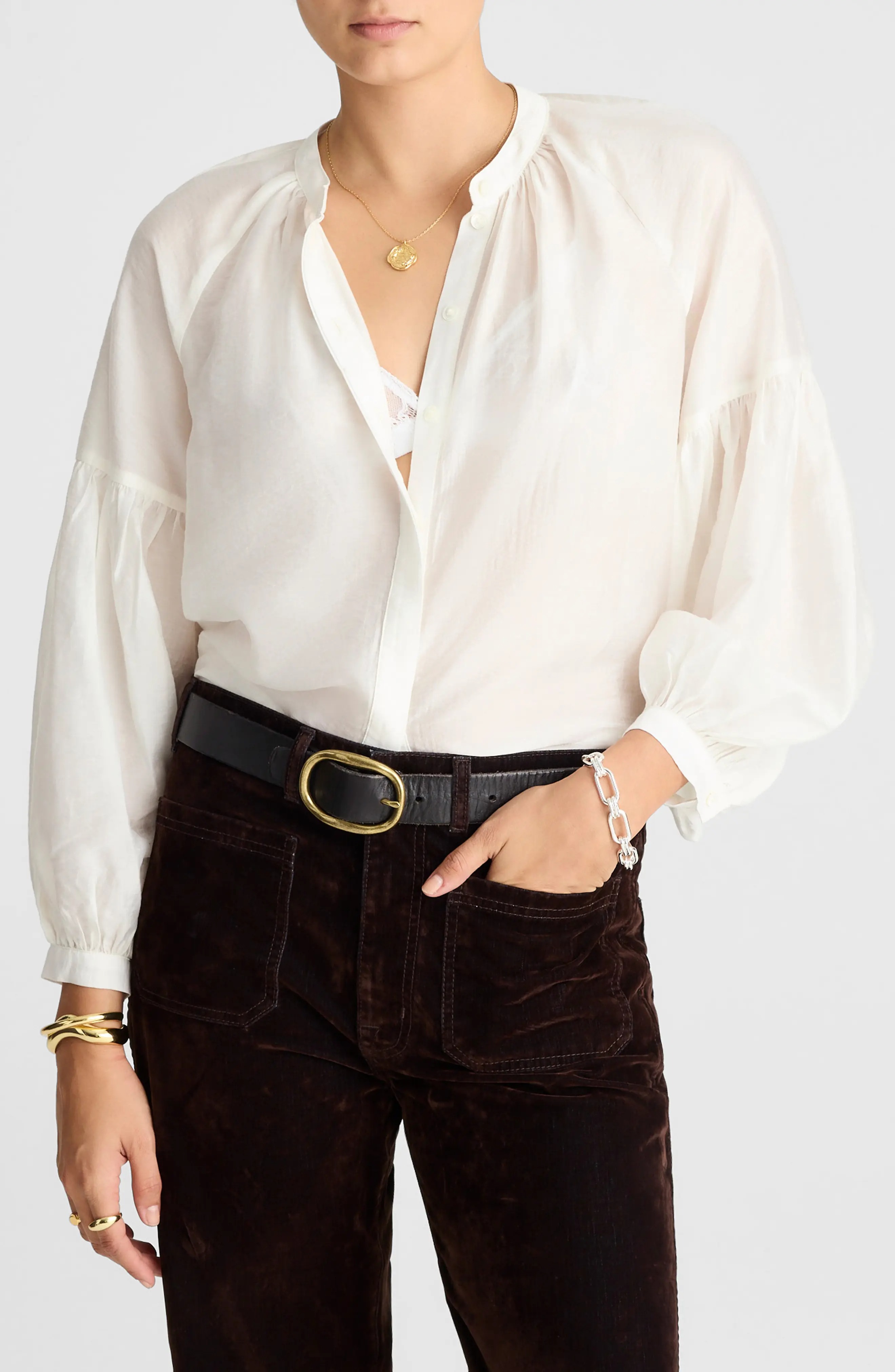 Madewell, Shirred Balloon Sleeve Button-Up Top