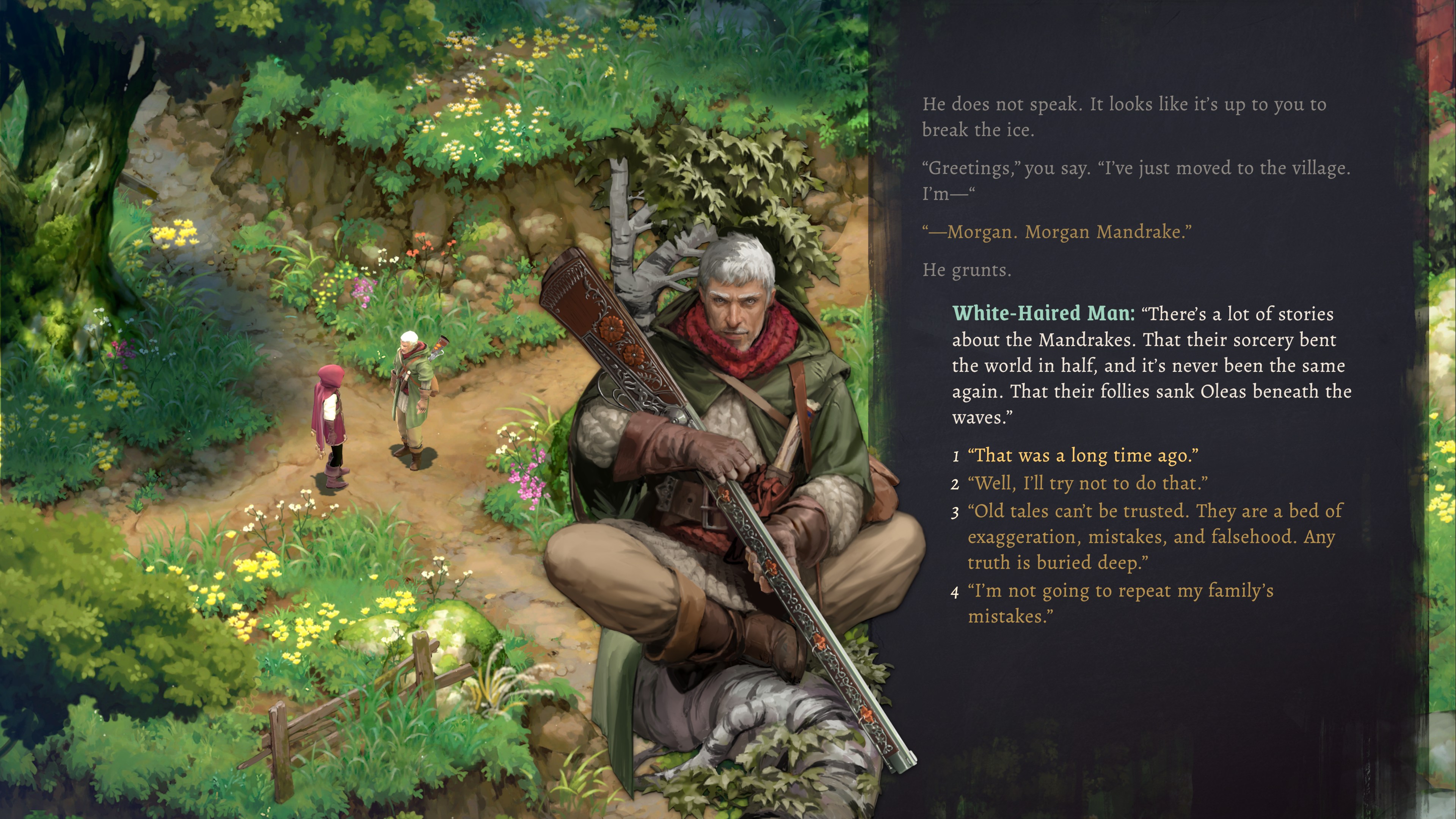 The player talks to a white-haired man holding a long, ornate rifle