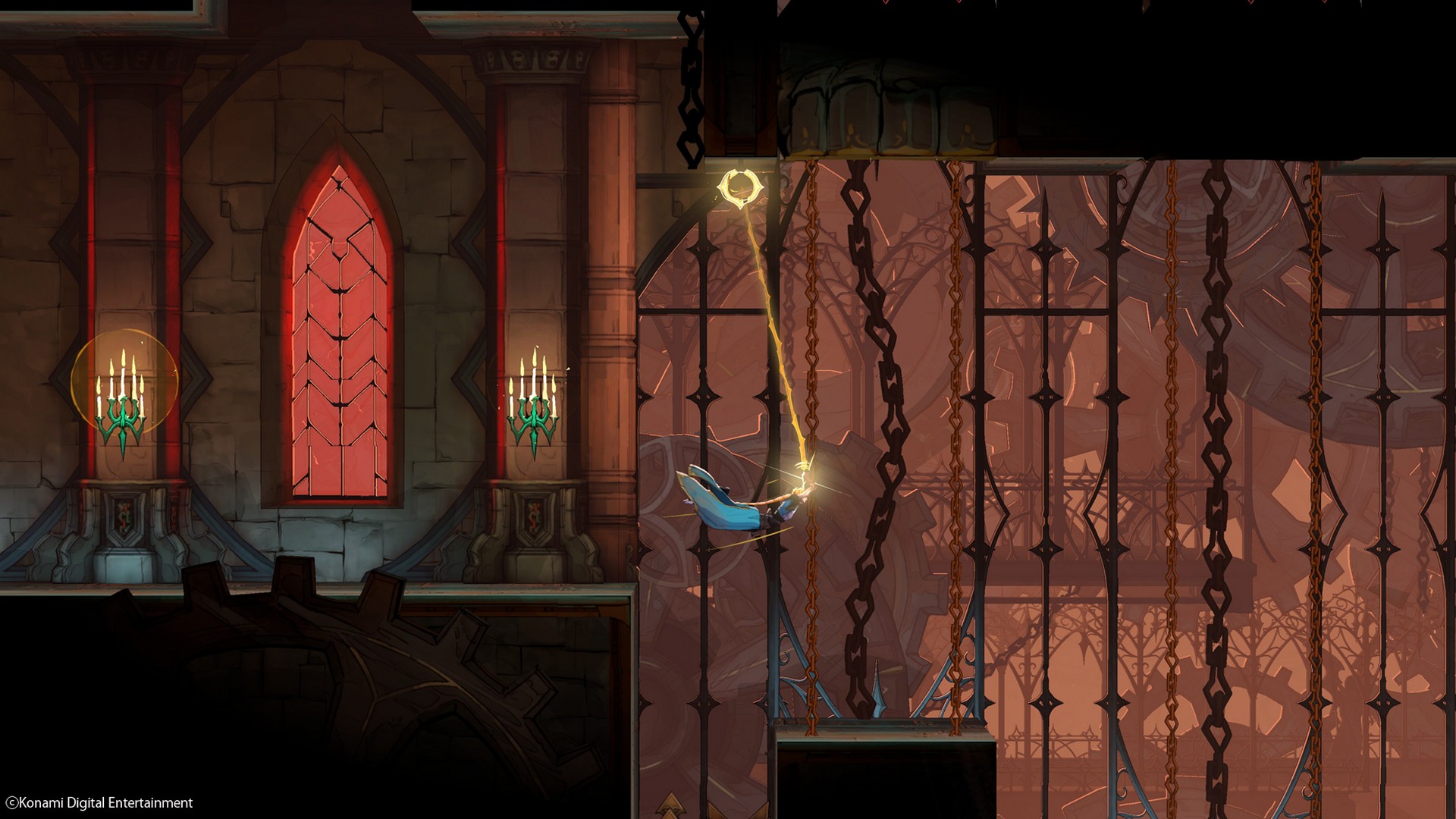 using a whip to swing from the ceiling in Castlevania: Belmont's Curse