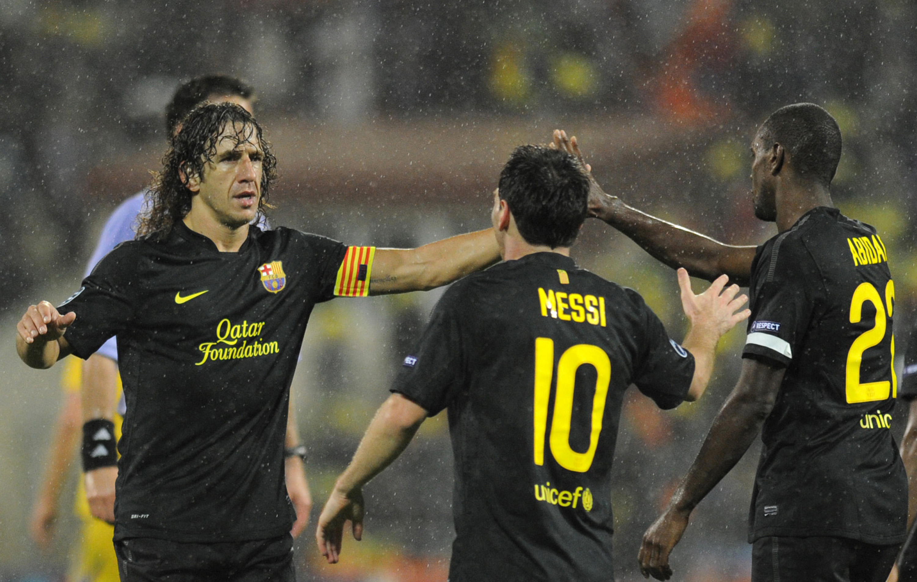 Barcelona players celebrate victory away to BATE Borisov in the Champions League in September 2011.