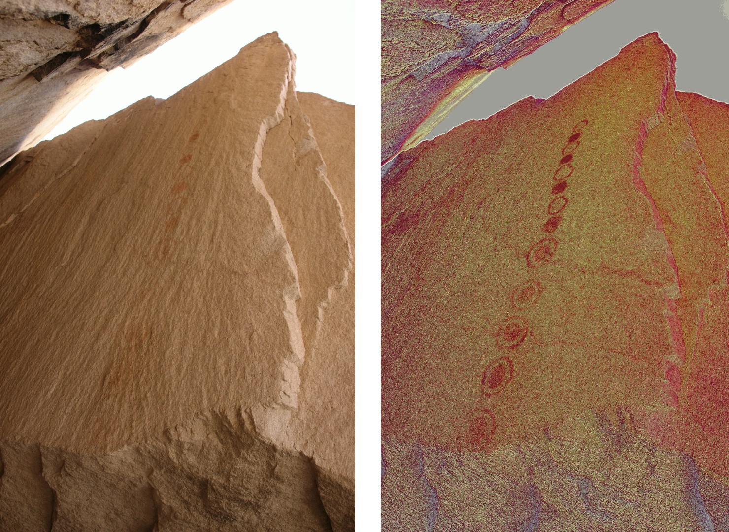 A two-panel comparison of a sandstone rock spire, showing reddish dots on the untreated photo revealed as a clear vertical line of circular petroglyphs after decorrelation stretch processing