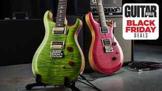 Two PRS SE Custom 24 guitars next to one another on stands