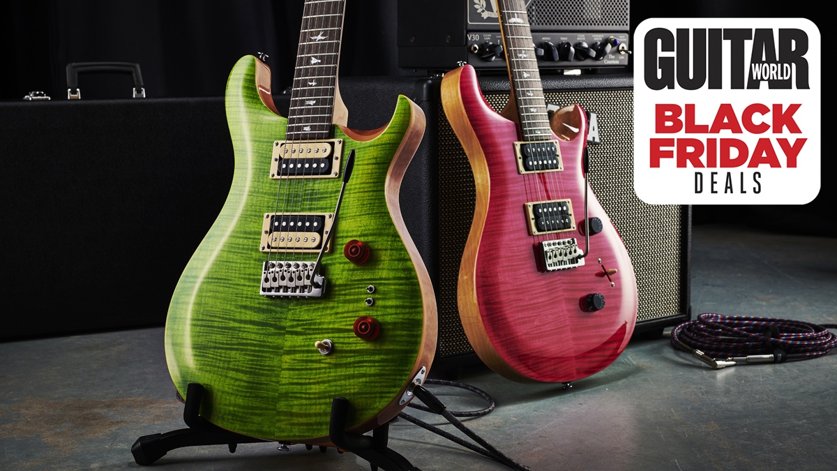 Two PRS SE Custom 24 guitars next to one another on stands