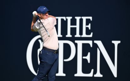 Rory McIlroy of Northern Ireland tees off on the 8th hole during Day One of The 151st Open at Royal Liverpool Golf Club