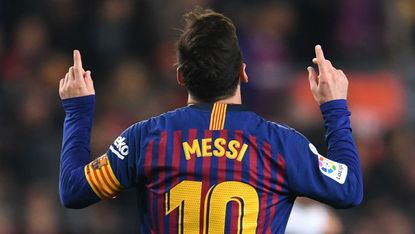 Barcelona and Argentina star striker Lionel Messi celebrates a goal in La Liga