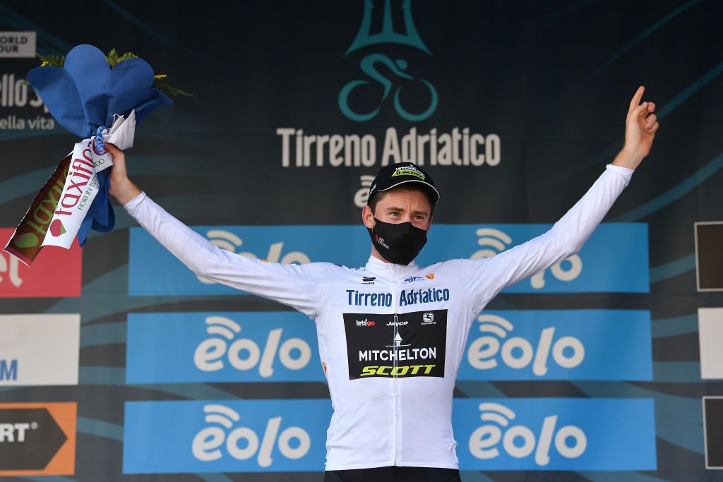 CASCIA ITALY SEPTEMBER 10 Podium Lucas Hamilton of Australia and Team MitcheltonScott White Best Young Rider Jersey Celebration during the 55th TirrenoAdriatico 2020 Stage 4 a 194km stage from Terni to Cascia 645m TirrenAdriatico on September 10 2020 in Cascia Italy Photo by Justin SetterfieldGetty Images