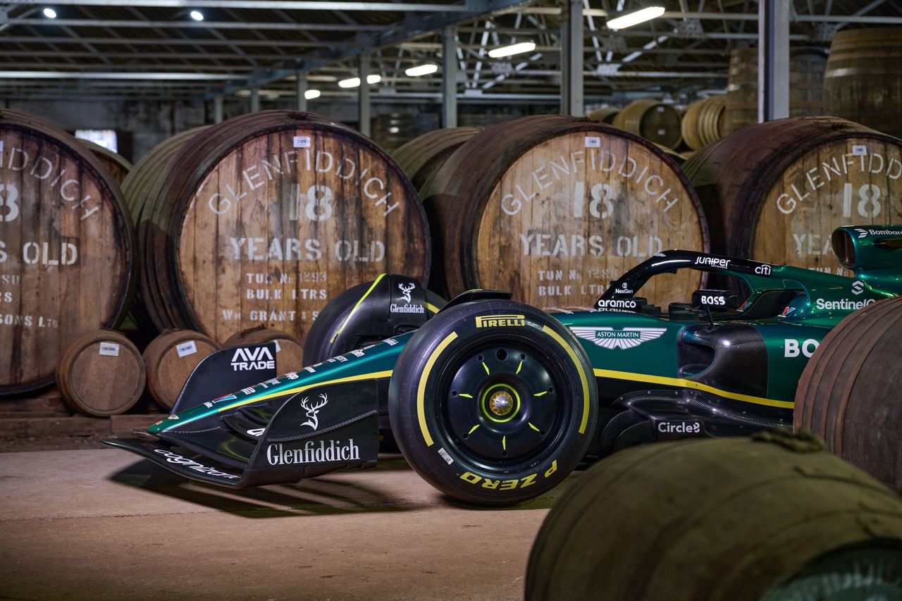 Courtesy Glenfiddich x Aston Martin Formula One Team collaboration: car at distillery 