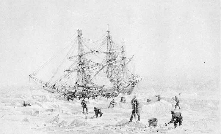 An engraving shows the HMS Terror stuck in the Arctic ice.