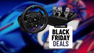 Logitech G923 deal hero image over a Gran Turismo 7 blurred image