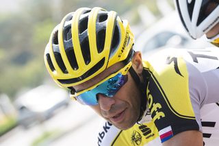 Alberto Contador outfitted in a retro Tinkoff kit