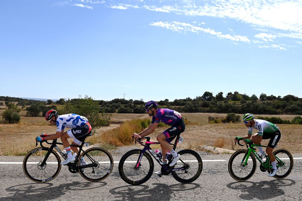 TARRAGONA SPAIN AUGUST 29 LR Eduardo Seplveda of Argentina and Team Lotto Dstny Polka dot Mountain Jersey Ander Okamika Bengoetxea of Spain and Team BurgosBH and David Gonzlez of Spain and Team Caja Rural Seguros RGA compete in the breakaway during the 78th Tour of Spain 2023 Stage 4 a 1846km stage from Andorra la Vella to Tarragona UCIWT on August 29 2023 in Tarragona Spain Photo by Tim de WaeleGetty Images