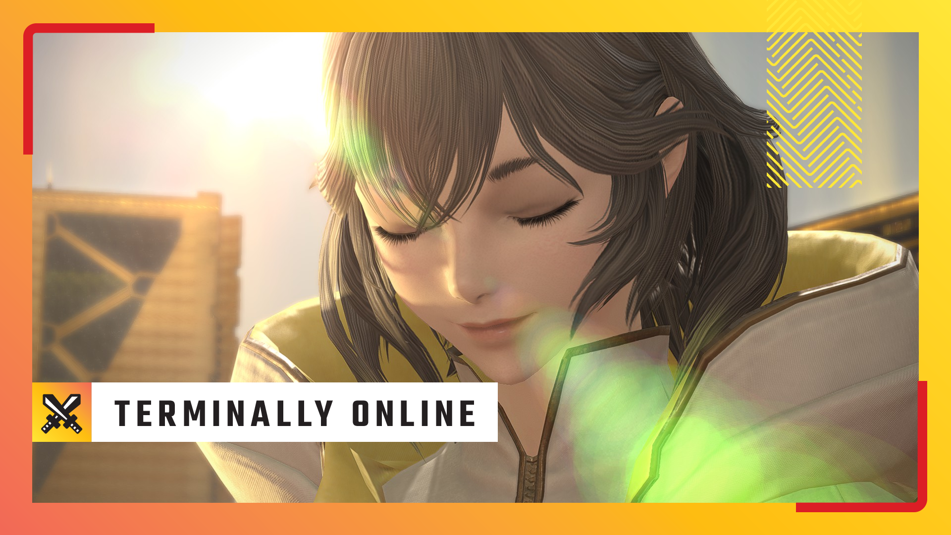 A smiling Sphene from Final Fantasy 14 wears a content, beaming expression, with the PC Gamer's Terminally Online column art overlaid on top of it.