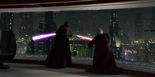 Palpatine in a lightsaber duel with Mace Windu