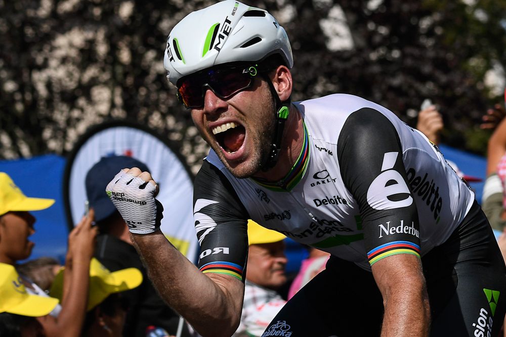 Mark Cavendish reacts to winning stage 6 at the Tour de France.