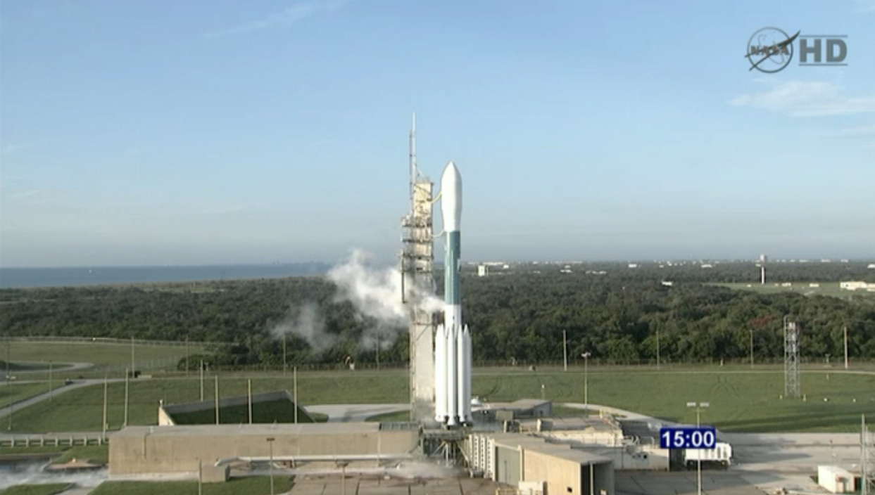 This still from a NASA broadcast shows the Delta 2 rocket carrying NASA&#039;s twin Grail moon gravity probes on Sept. 10, just one hour away from a morning launch attempt.