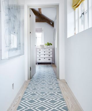 Decorating a hallway ideas with a pale blue patterned runner and a mirrored chest of drawers at the end of the white corridor.