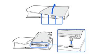 An instructional image showing the installation of the PS5 Pro disc drive