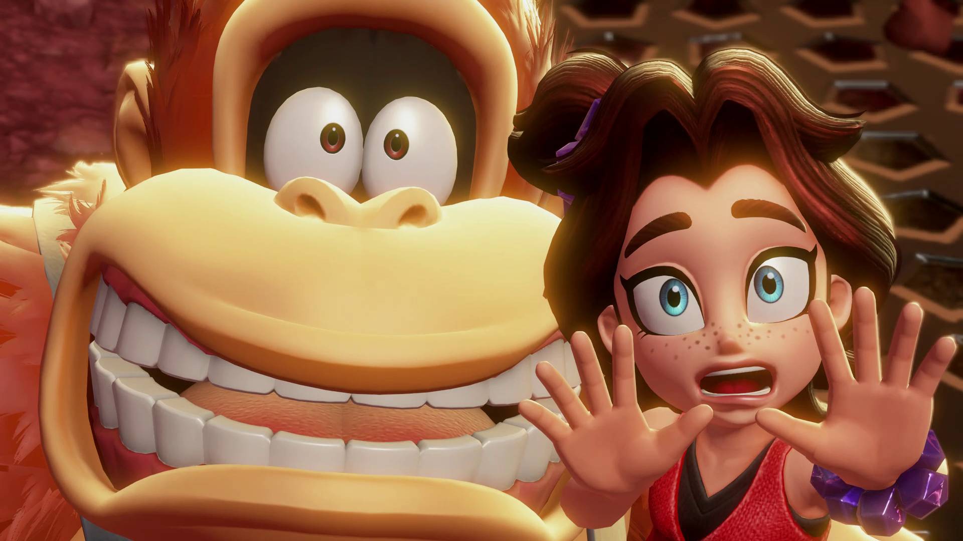 Donkey Kong Bananza Donkey Kong and Pauline looking frightened facing off against Grumpy Kong