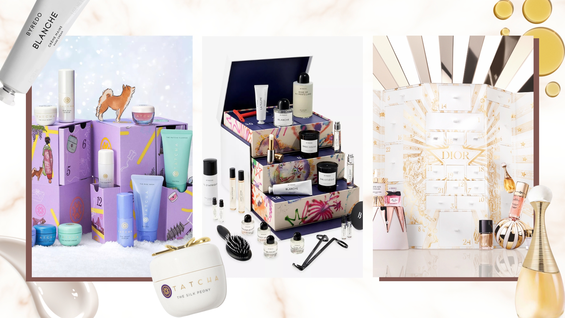 Collage of the best beauty advent calendars 2025 (L-R) Tatcha, Byredo and Dior, on a white marble background with products and swatches
