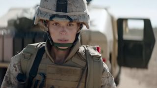 Close up as Kate Mara in Megan Leavey, dressed in battle fatigues