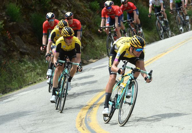 Jumbo-Visma's George Bennett gets aero on a descent on stage 6 of the 2019 Tour of California