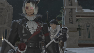 My character lurking behind a friend's in Final Fantasy 14, with malevolence.
