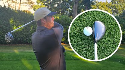 A golfer holding their finish on a tee shot and an inset of a hybrid addressing a ball on the ground