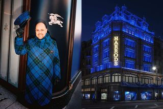 A Harrods doorman wearing the Burberry blue knight check coat and hat and an image of the exterior of Harrods depicting the Burberry blue takeover