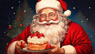 Santa enjoying a strawberry cake, Generated with Adobe Firefly AI