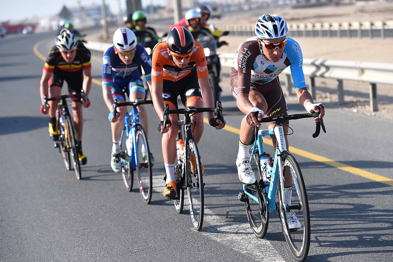 The breakaway: Preben Van Hecke (Topsport Vlaanderen), Patrick Gretsch (AG2R-La Mondiale), Mark McNally (Wanty-Groupe Gobert) and Jesper Asselman (Roompot)
