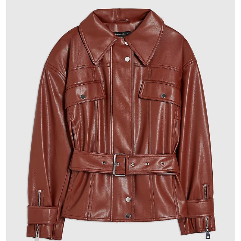 Red Faux Leather Belted Jacket