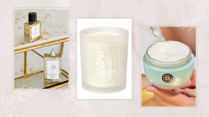 Three beauty gift ideas from Jo Malone, Diptyque, and Tatcha on a beige collage background