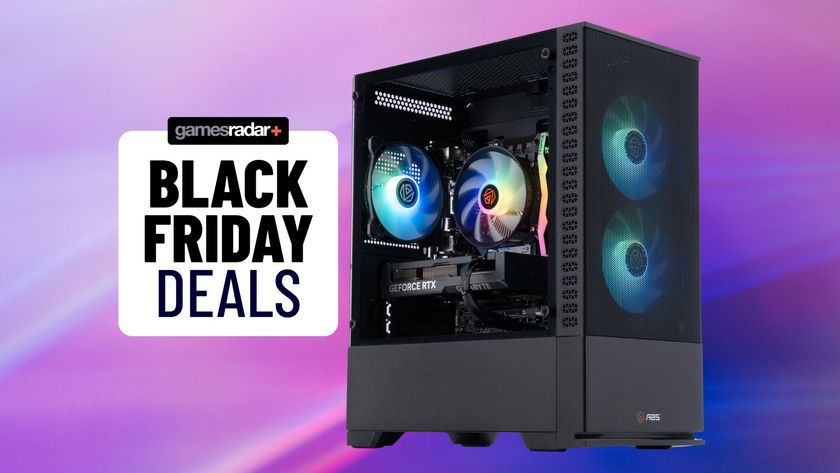 An ABS Cyclone gaming PC on a purple and pink gradient background with a Black Friday deals stamp next to it