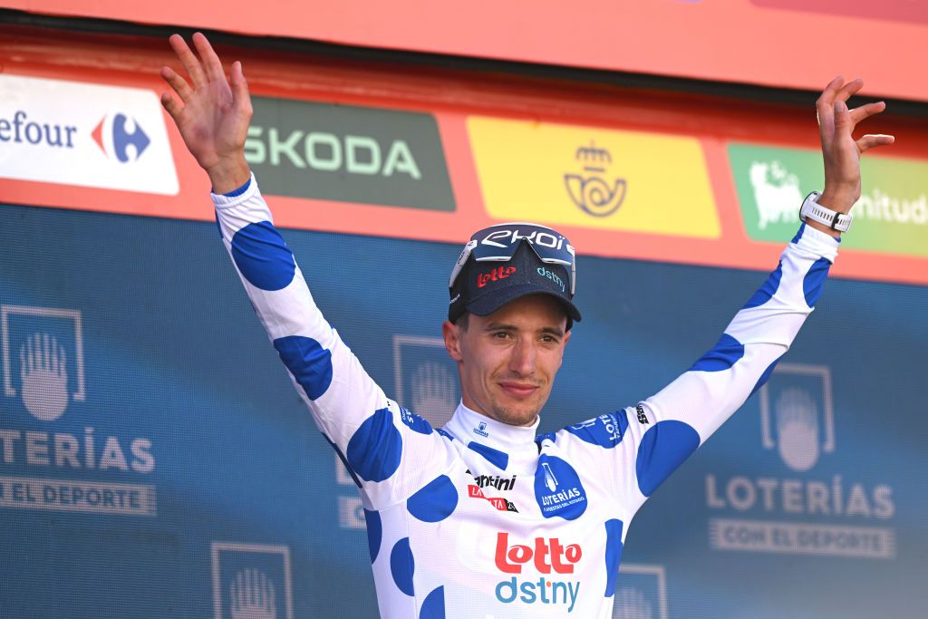 SEVILLE SPAIN AUGUST 21 Sylvain Moniquet of Belgium and Team Lotto Dstny Polka Dot Mountain Jersey celebrates at podium during La Vuelta 79th Tour of Spain 2024 Stage 5 a 177km stage Fuente del Maestre to Seville UCIWT on August 21 2024 in Seville Spain Photo by Dario BelingheriGetty Images